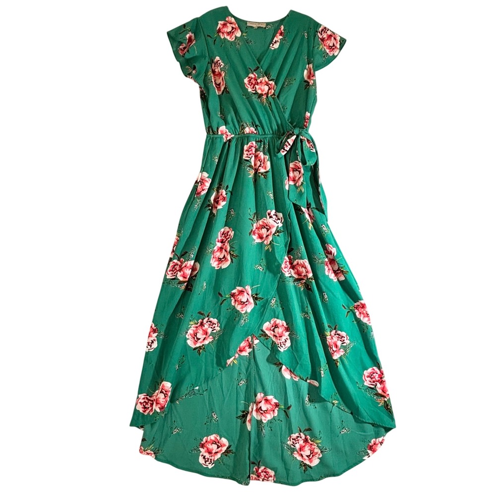 Dream Of Me Green Floral High Low Maxi Dress Short Sleeve Wrap V-Neck Medium